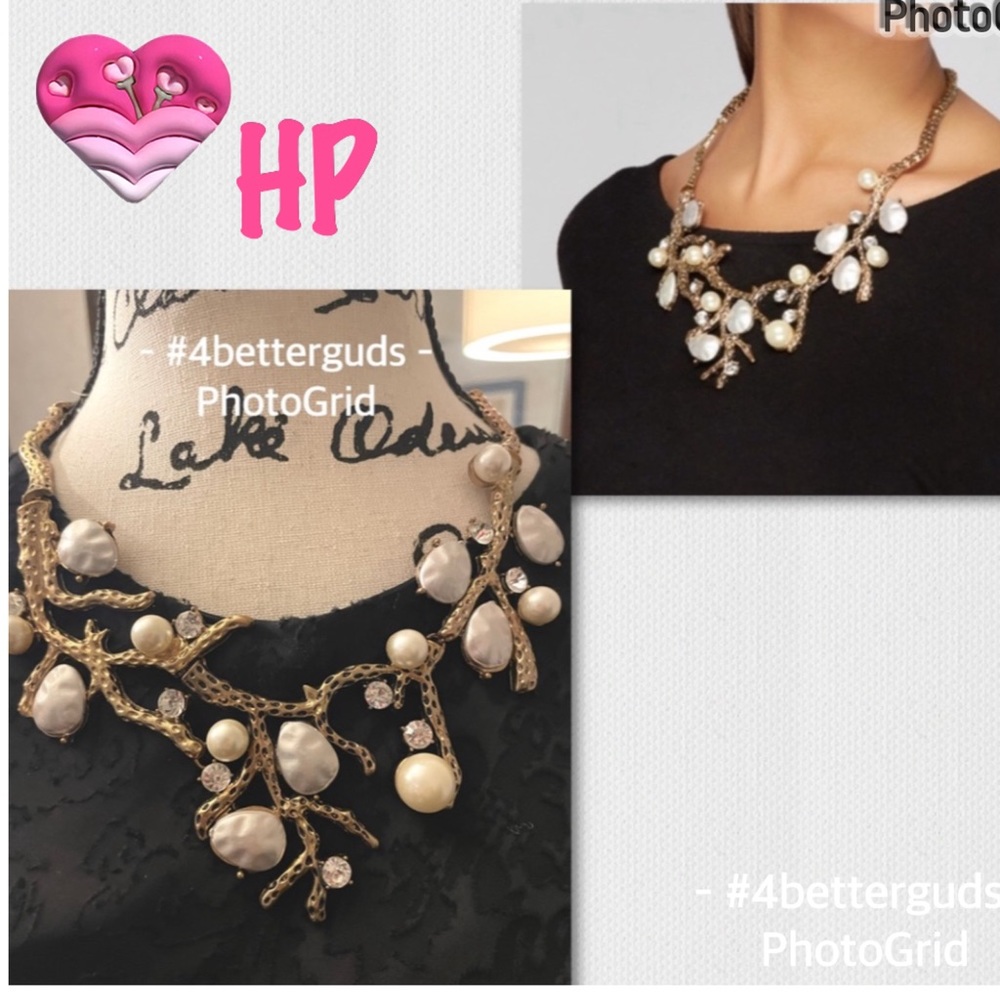 Organic Design of Bronze Tree Branch Faux Pearls & Rhinestone Statement Necklace